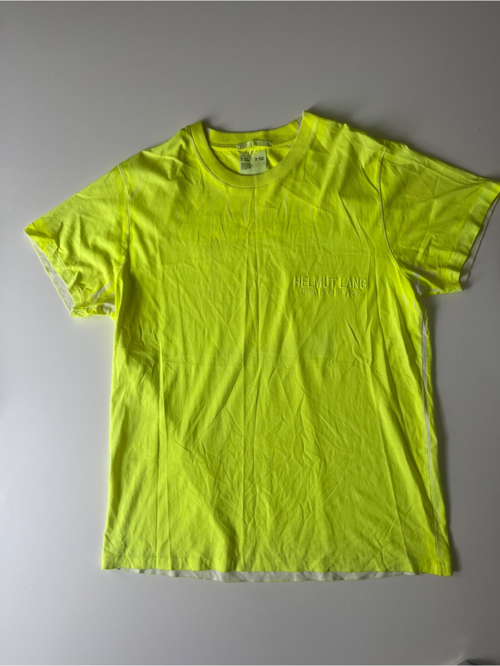 Helmut Lang Men’s Neon Highlighter Yellow Screen Print Short Sleeve Tee